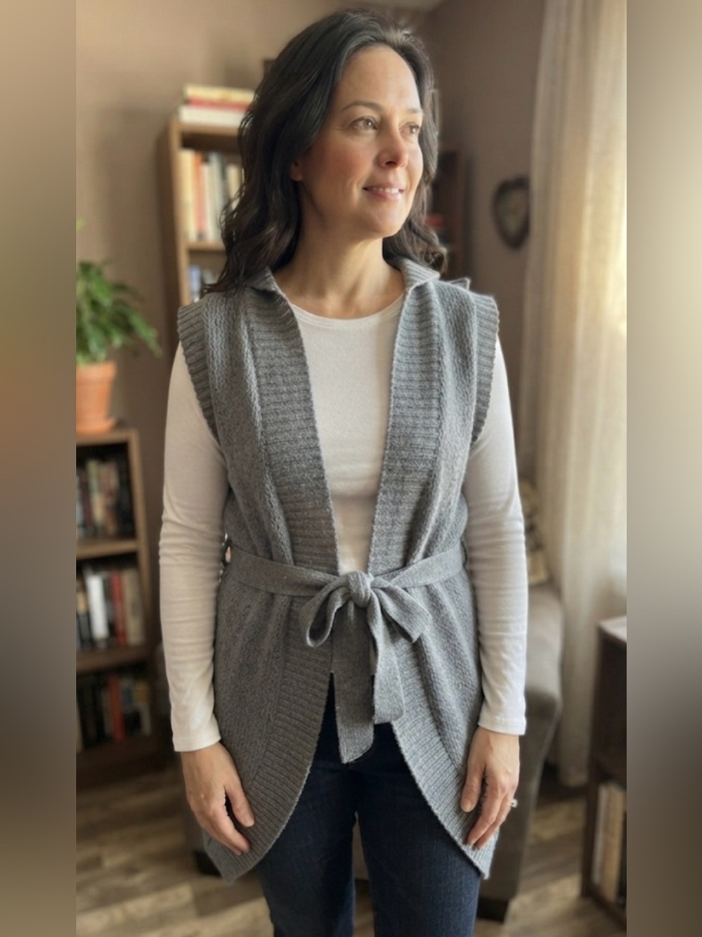 Mossimo Supply Co. Grey Hooded Sleeveless Knit Cardigan Vest with Tie Waist XL